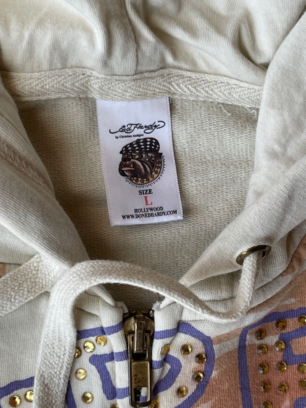 Ed Hardy Cream Hoodie with Purple and Gold Stud Accents - Picture 2 of 13